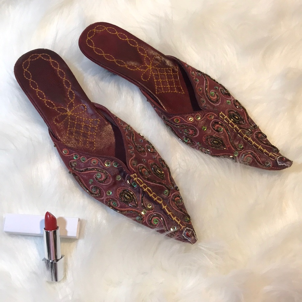Beaded Egyptian maroon slide shoes